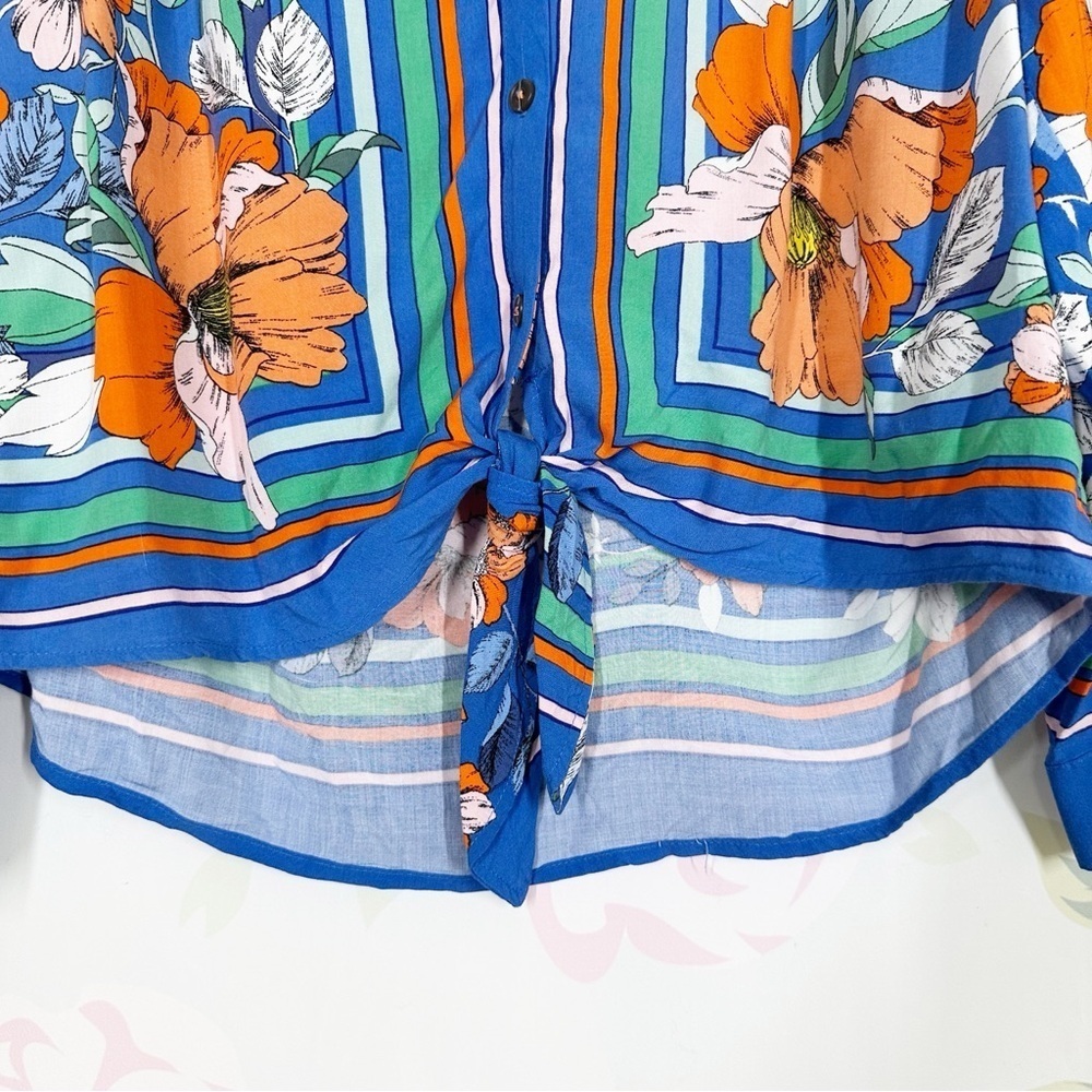 Anthropologie Maeve Floral Blue and Orange Cuffed Sleeve Blouse S - Picture 2 of 10
